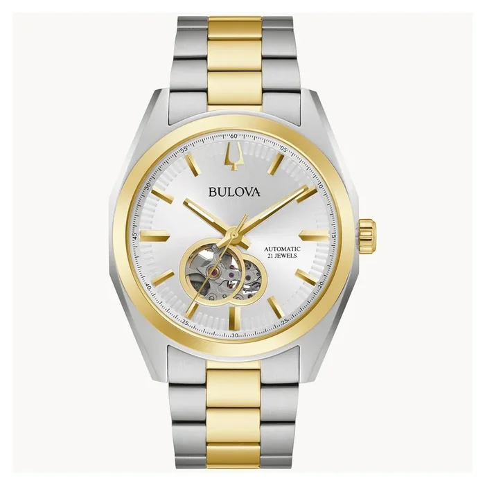 Bulova Surveyor Mens Watch with Silver Toned Dial and Stainless Steel and Yellow Gold Ion Plated Bracelet (automatic movement)