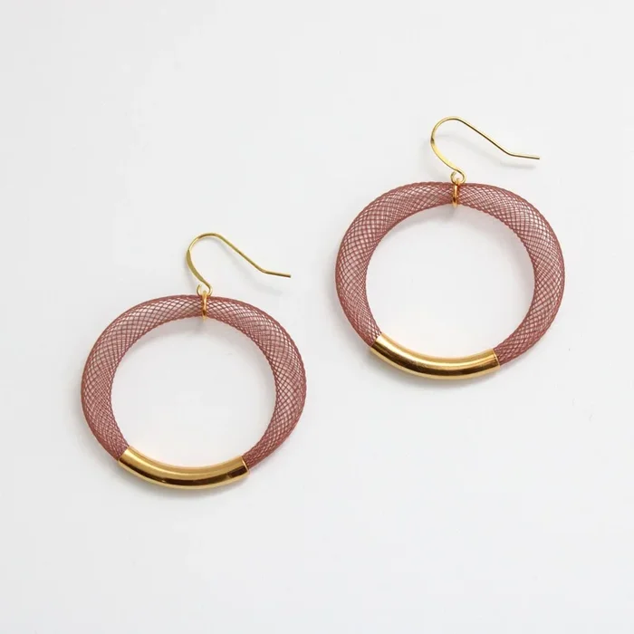 Burgundy Mesh Hoop Earring Gold