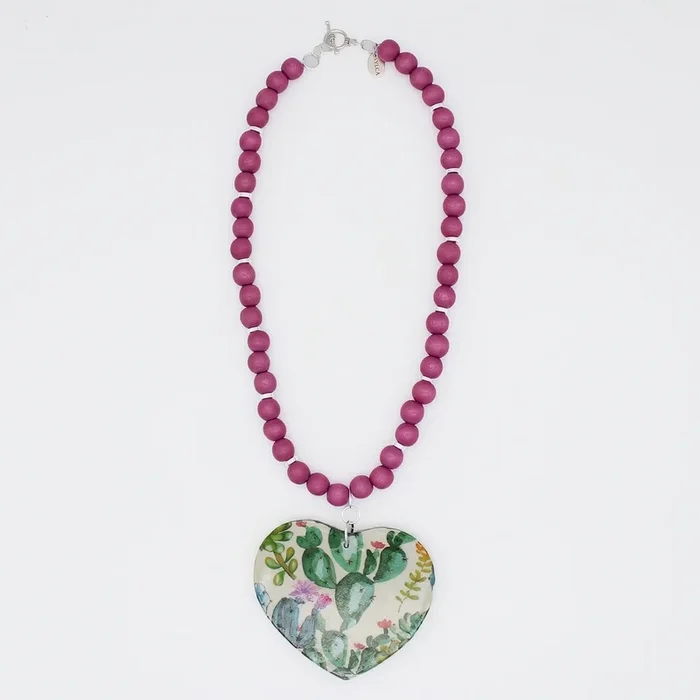 Cactus Decoupage Heart Necklace