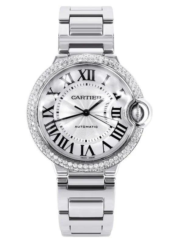 CARTIER DIAMOND BALLON BLEU WATCH IN 18K WHITE GOLD| DIAMOND BEZEL | WHITE ROMAN DIAL | 36 MM