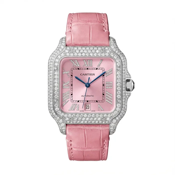 Cartier Santos 42MM Pink Roman Diamond Dial & Bezel ? Pink Leather Strap JTJ™