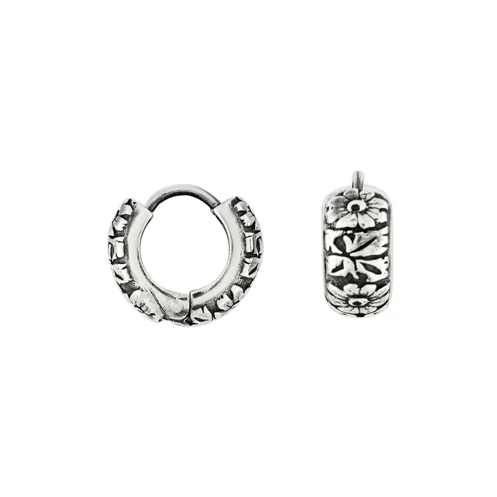 Carved Floral Clicker Huggies in Antiqued Silver | Available to Ship January 15, 2026
