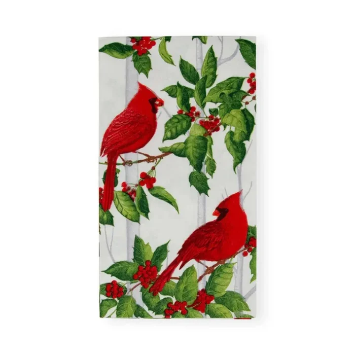 Caspari Holly and Songbirds White & Silver Guest Towel Napkins – Set of 15
