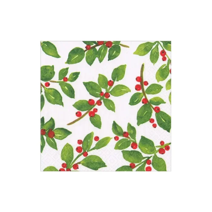 Caspari Painted Holly White Recycled Cocktail Napkins – Set of 20