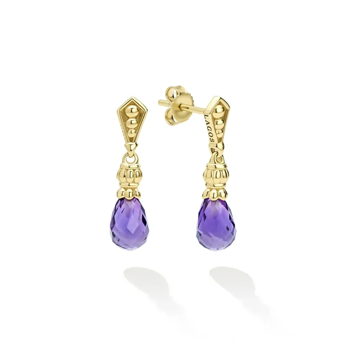 Caviar Gold 18K Gold Amethyst Drop Earrings
