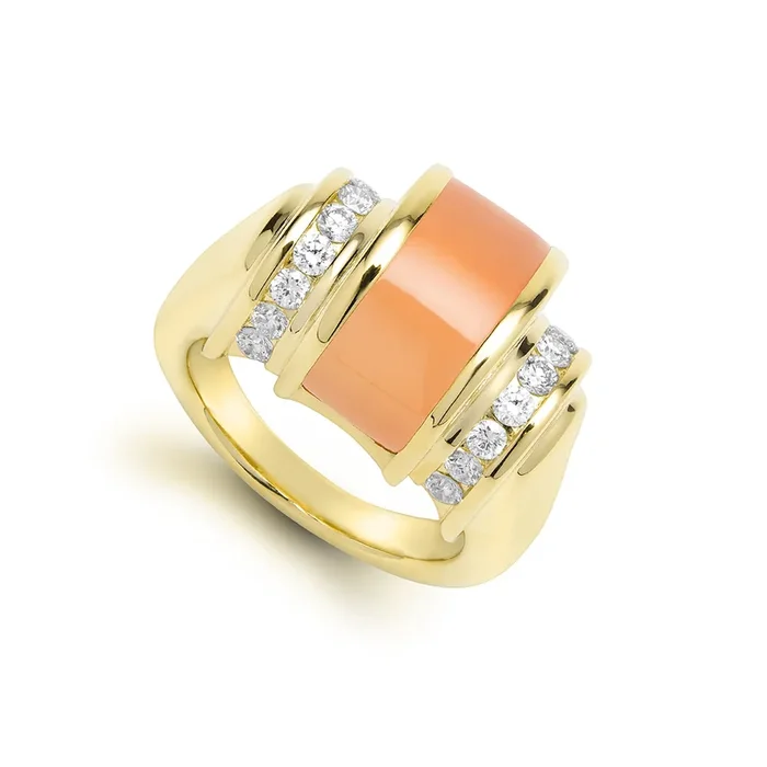 Caviar Gold 18K Peach Moonstone and Diamond Ring