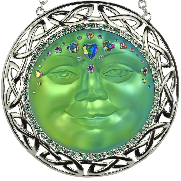 Celtic Knot Sweetheart 88mm Mystic Seaview Moon Ornament (Sterling Silvertone/Mystic Green Sphinx)
