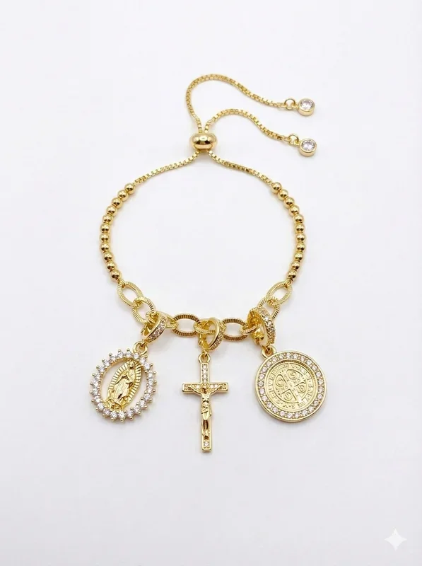 Charm Bolo Bracelet Crucifix, Mary, St Benedict