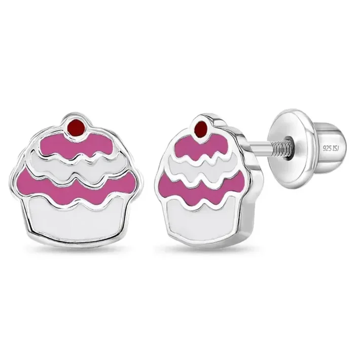 Children’s Sterling Silver & Enamel Cupcake Stud Earrings