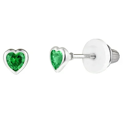 Children May Cubic Zirconia Birthstone Heart Stud Earrings in Sterling Silver
