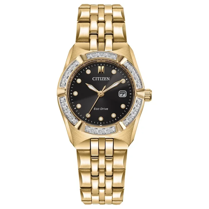 Citizen Corso Womens Diamond Watch with Black Dial and Gold Toned Stainless Steel Bracelet (eco drive movement)