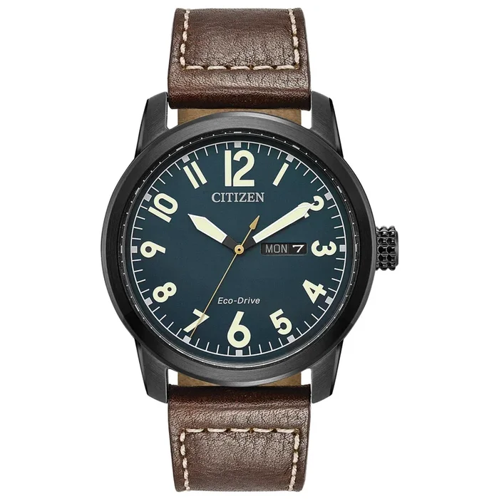Citizen Garrison Mens Watch with Navy Dial and Brown Leather Strap (eco drive movement)