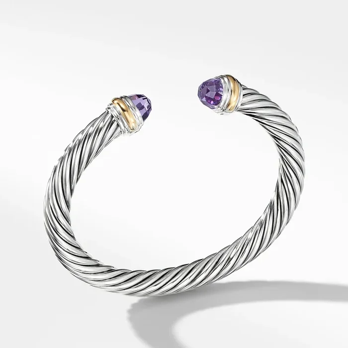 Classic Cable Bracelet in Sterling Silver with 14K Yellow Gold and Amethyst, 7mm