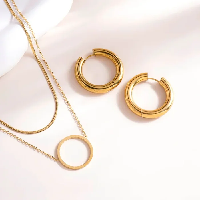 Classic Round Hoop Earrings & Circle Ring Double Layer Necklace Combo Set