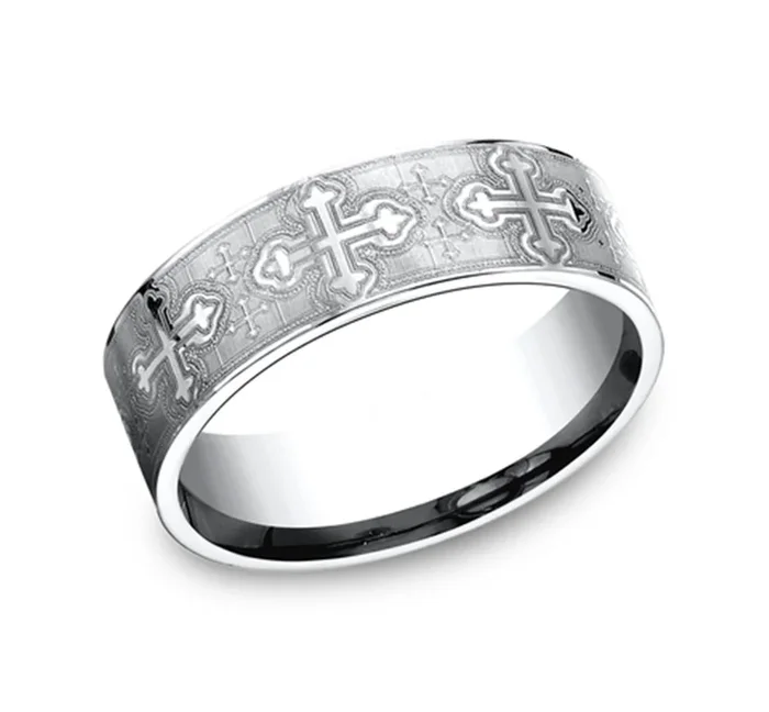 Cobalt Chrome 7mm Laser Cross Design Wedding Band