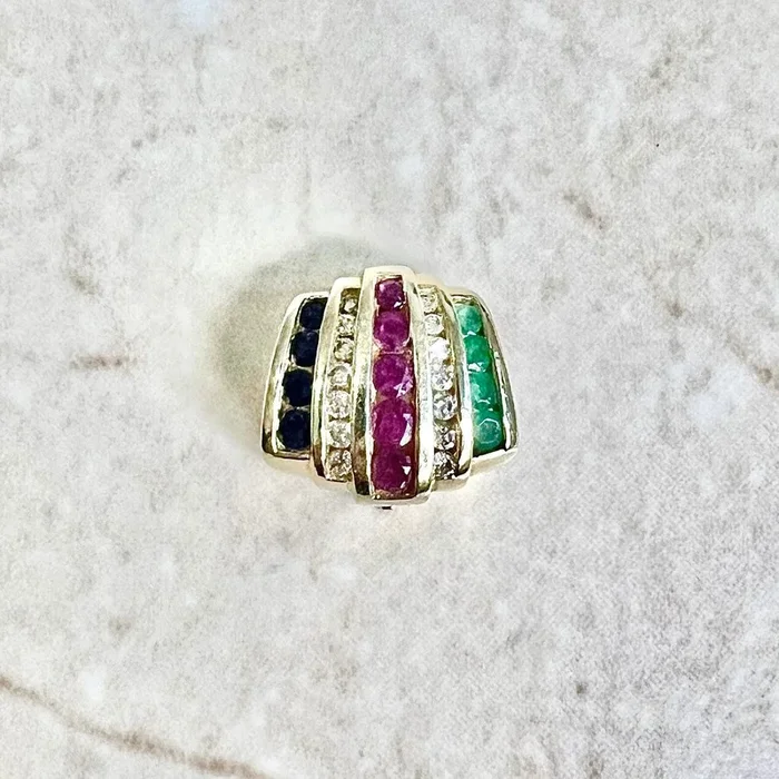 Colgante vintage de oro amarillo de 14 quilates con rubí, zafiro, esmeralda y diamante
