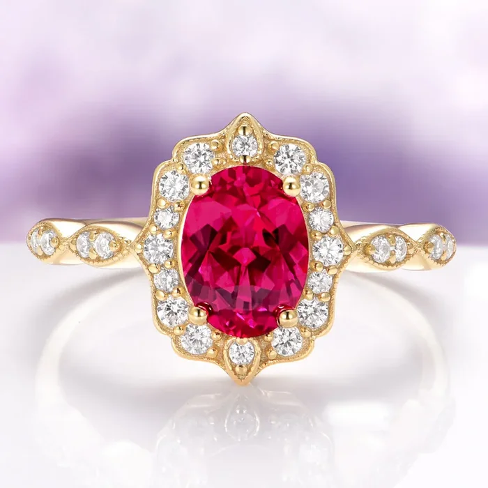 Cordelia Oval Cut Art Deco Ruby Engagement Ring in 14K Solid Yellow Gold
