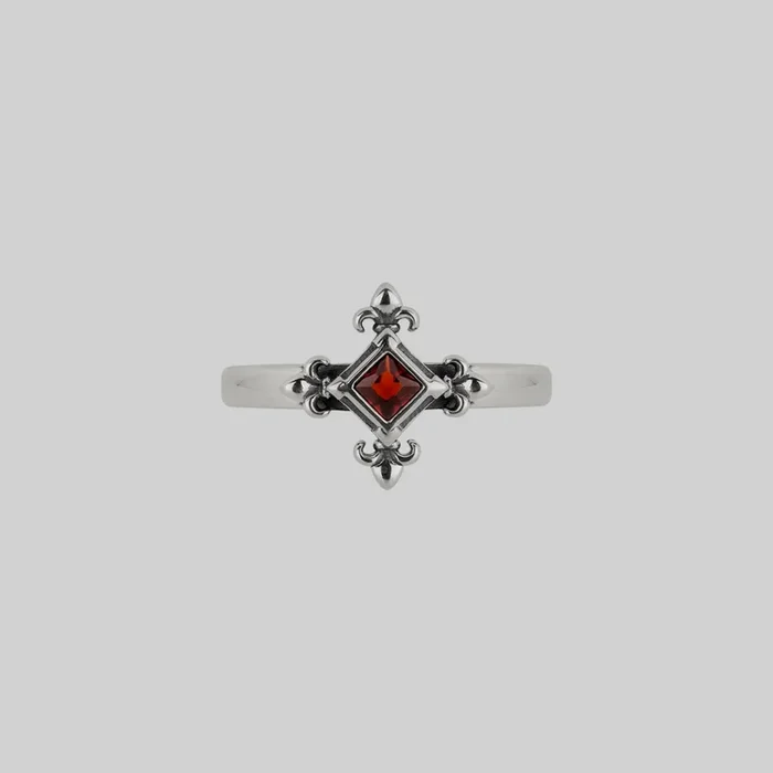 CRIMSON. Medieval Fleur de Lis Garnet Ring – Silver