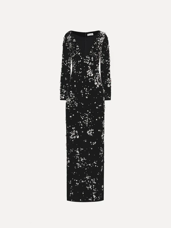 Crystal Cluster Embroidered Long Sleeve Gown