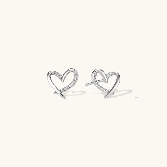 Crystal Heart Stud Earrings Silver