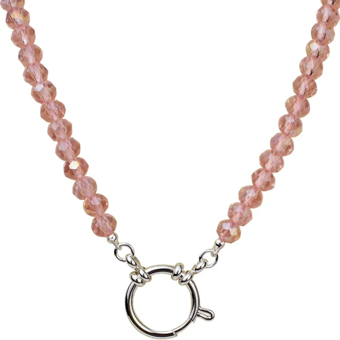 Crystalized 6mm Beaded Sailor Clasp 18″ Charm Necklace (Sterling Silvertone/Pixie Pink)