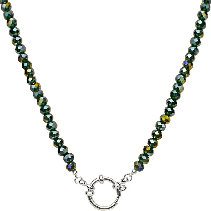 Crystalized 6mm Beaded Sailor Clasp 30″ Charm Necklace (Sterling Silvertone/Green Iris)