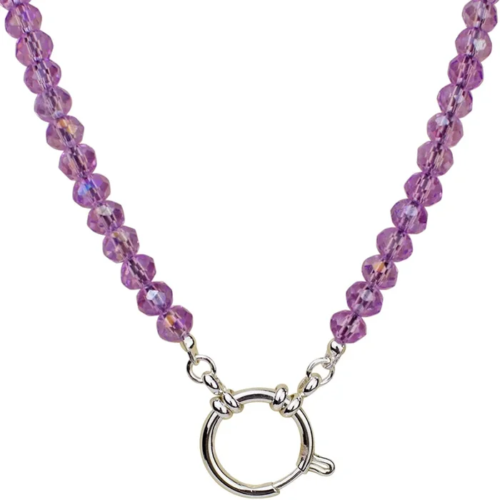 Crystalized 6mm Beaded Sailor Clasp 30″ Charm Necklace (Sterling Silvertone/Violet)