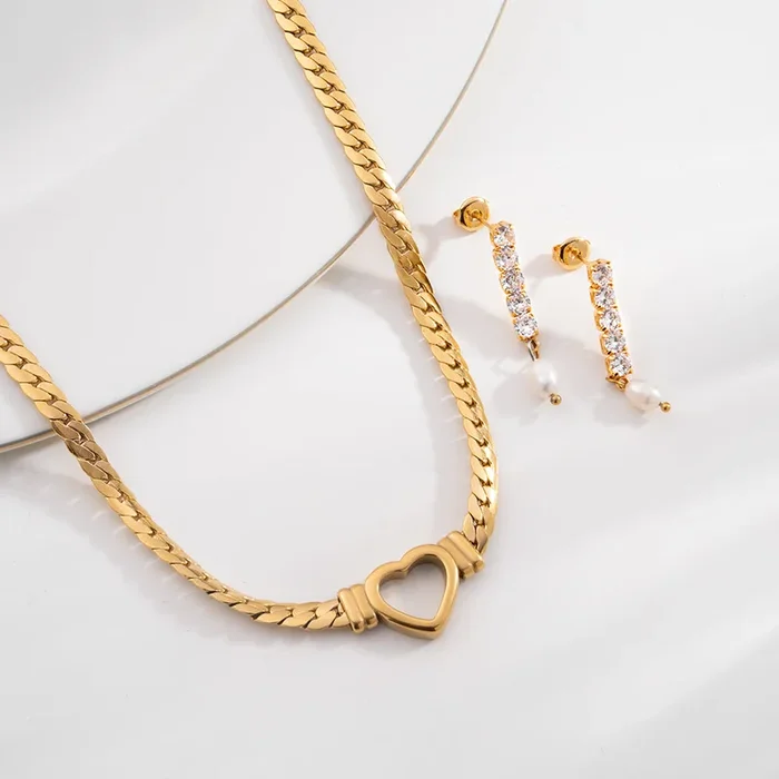 Cuban Chain Hollow Heart Necklace & Pearl Drop Diamond Earrings Combo Set