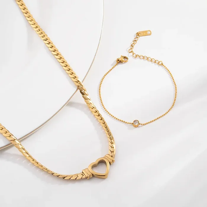 Cuban Chain Hollow Heart Necklace & Solitary Spark Bracelet Combo Set