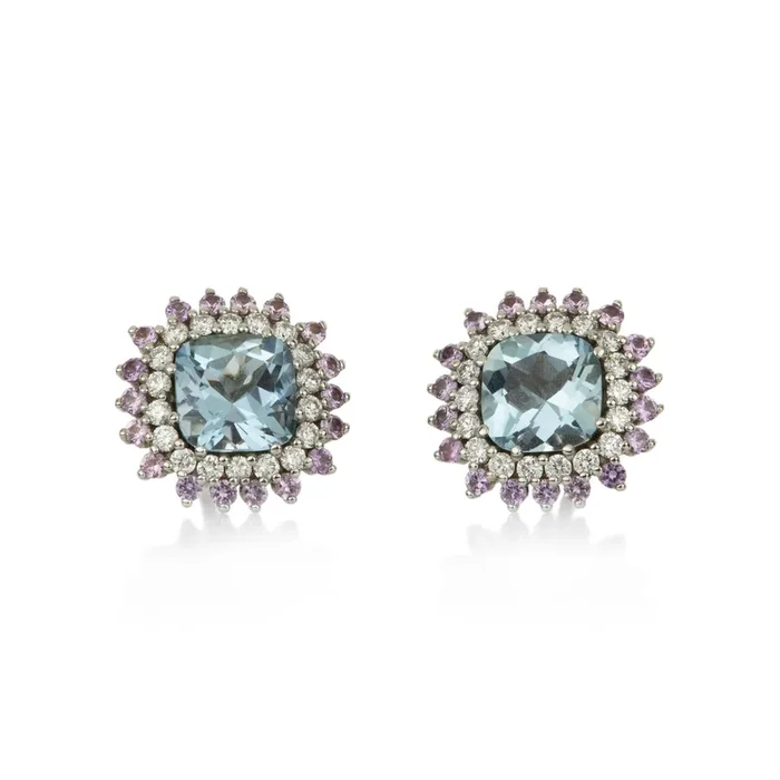 Cushion Aquamarine and Sapphire Pinpoint Studs