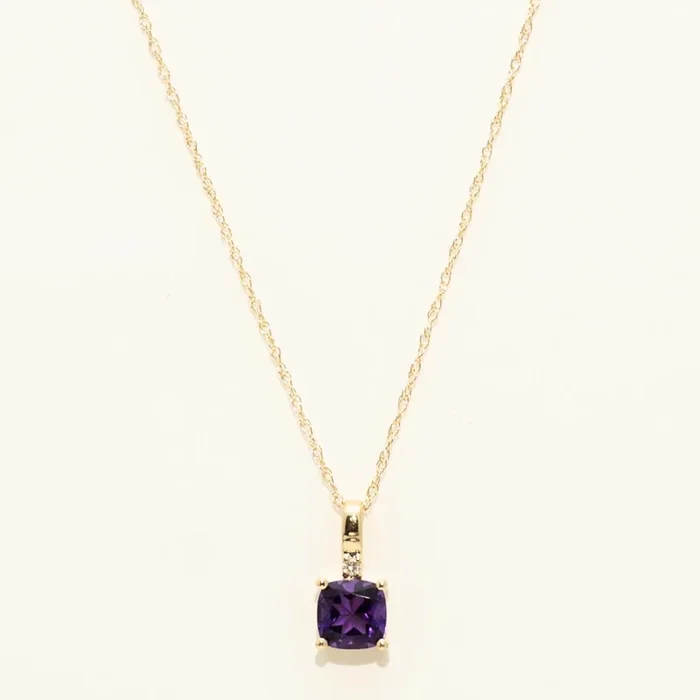 Cushion Cut Amethyst Necklace in 10kt Yellow Gold with Diamond (.01ct)
