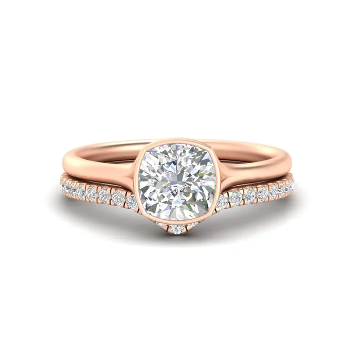 Cushion Cut Bezel Solitaire Ring With Wedding Band