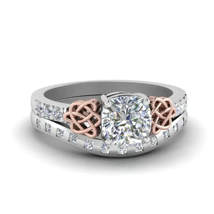 Cushion Cut Celtic Two Tone Ring And Matching Band