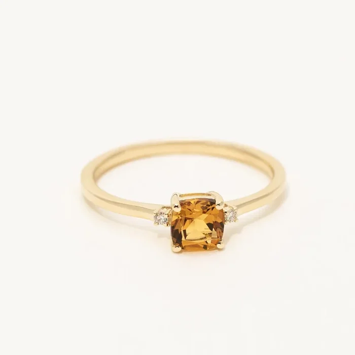 Cushion Cut Citrine Ring in 10kt Yellow Gold with Diamonds (.02ct tw)