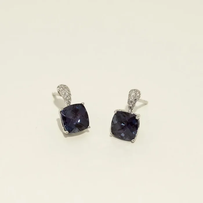 Cushion Cut Created Alexandrite Drop Earrings in 14kt White Gold with Diamonds (1/7ct tw)