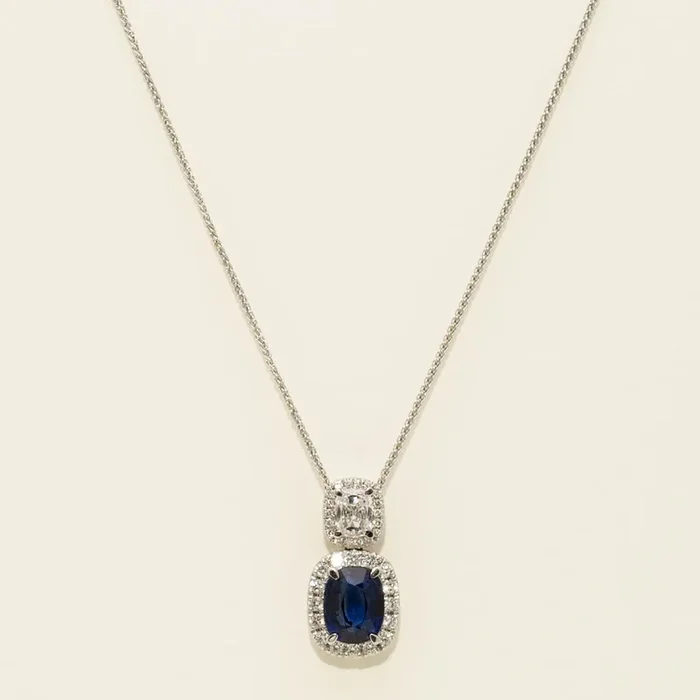 Cushion Cut Sapphire Necklace in 18kt White Gold with Diamonds (1/2ct tw)
