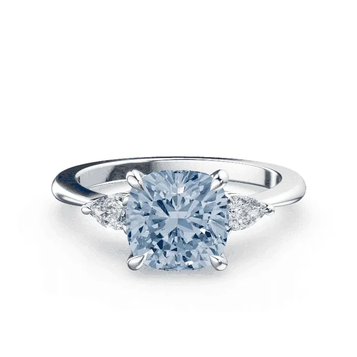 Cushion Cut Three Stone Blue Diamond Ring