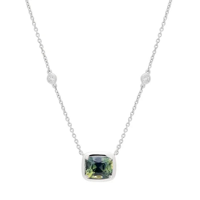Cushion Cut Unheated Green Sapphire Necklace in 14kt White Gold with Diamonds (1/20ct tw)