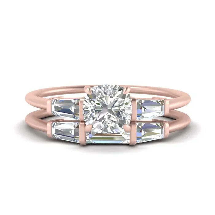 Cushion Diamond 3 Stone Baguette Bar Wedding Set