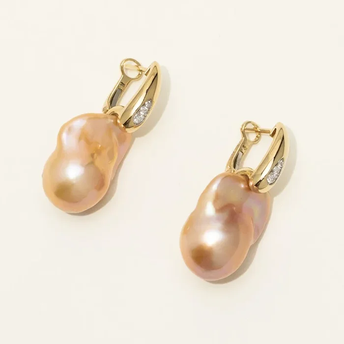 Dabakarov Baroque Cultured Freshwater Pearl Drop Earrings in 14kt Yellow Gold with Diamonds (1/10ct tw and 19mm pearls)