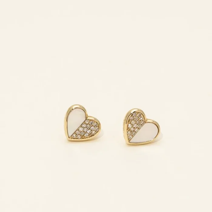 Dabakarov Mother of Pearl Heart Stud Earrings in 14kt Yellow Gold with Diamonds (1/10ct tw)
