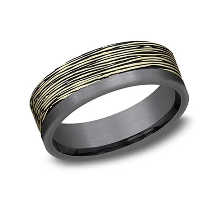 Darkened Tantalum And 14K Yellow Gold ‘The Aspen’ Horizontal Bark Pattern 7mm Wedding Band