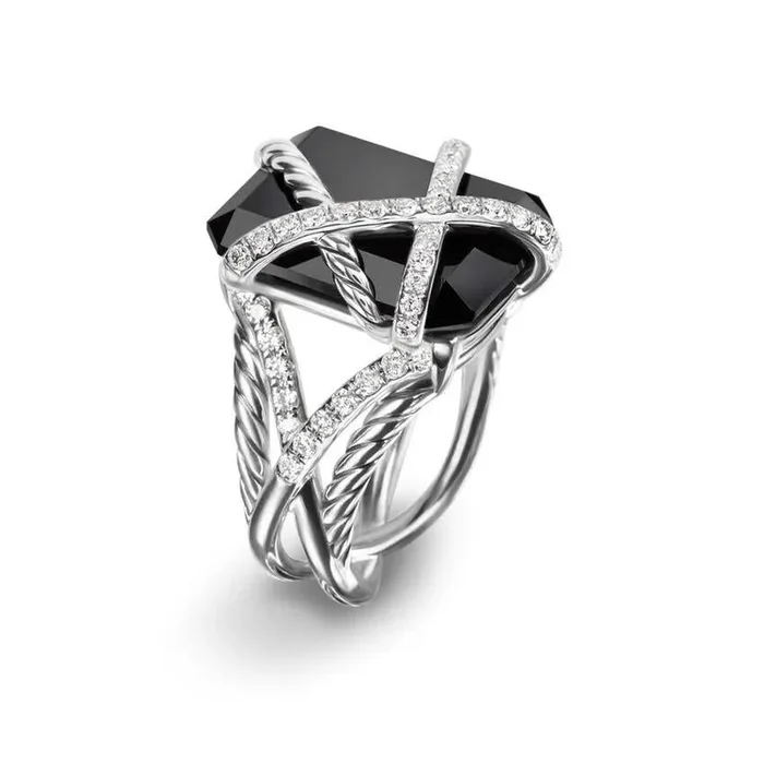 DAVID YURMAN Cable Wrap Ring in Sterling Silver with Black Onyx and Diamonds, 20.4mm