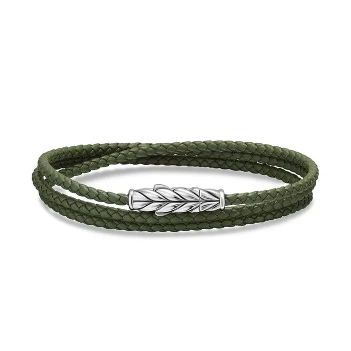 DAVID YURMAN Chevron Triple Wrap Bracelet in Green Leather with Sterling Silver, 3mm