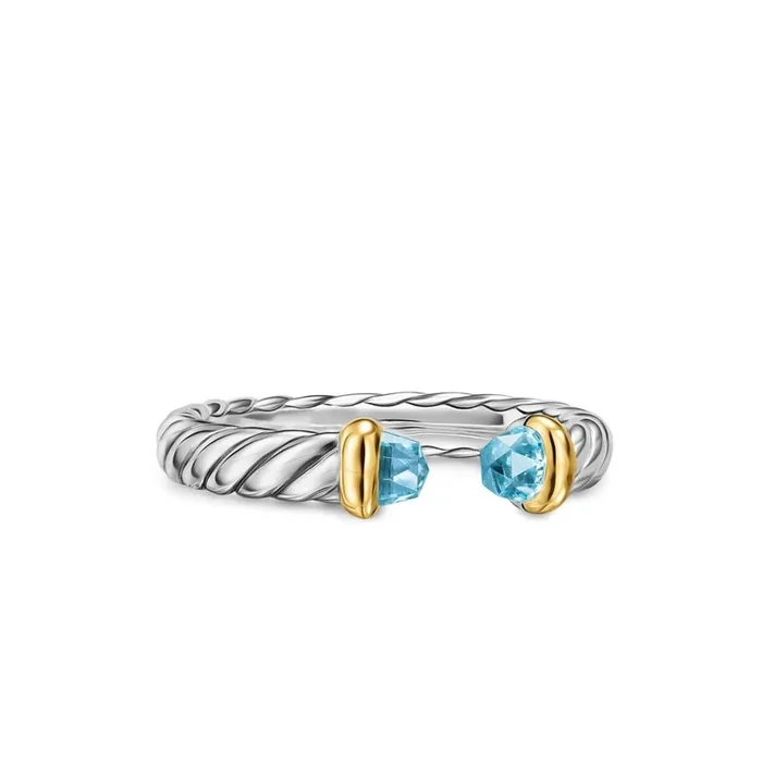 DAVID YURMAN Petite Cable Open Ring in Sterling Silver with 14K Yellow Gold and Blue Topaz, 3.4mm