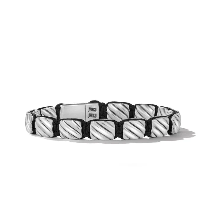 DAVID YURMAN Sculpted Cable Woven Tile Bracelet with Sterling Silver and Black Nylon, 8.5mm