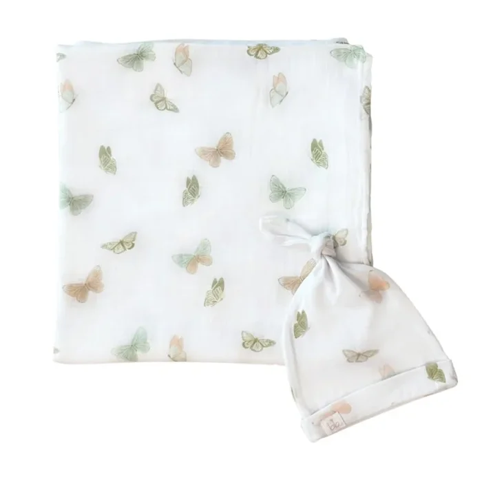 Dear Perli Bamboo Muslin Swaddle Blanket & Topknot Set – Gingham Butterflies