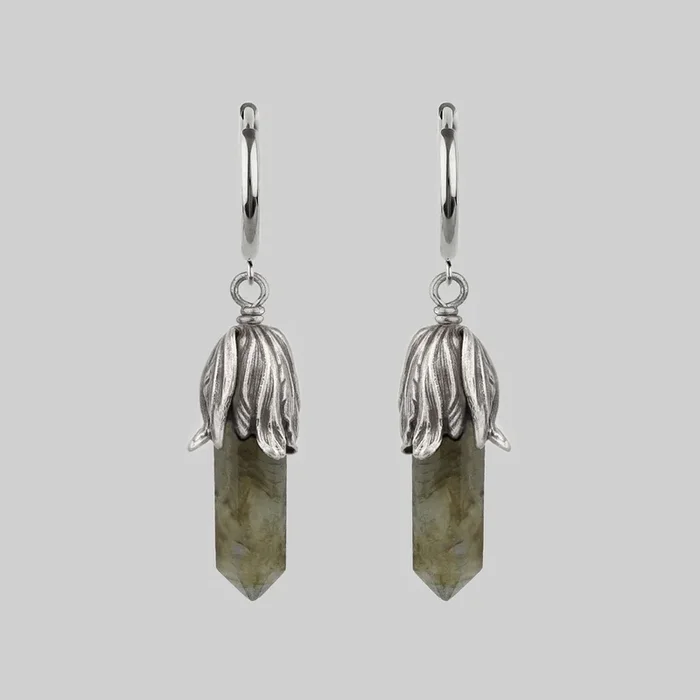 DEATH BLOOM. Labradorite Gemstone Hoop Earrings – Silver