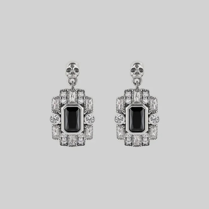 DECO. Skull & Black Spinel Statement Earrings – Silver