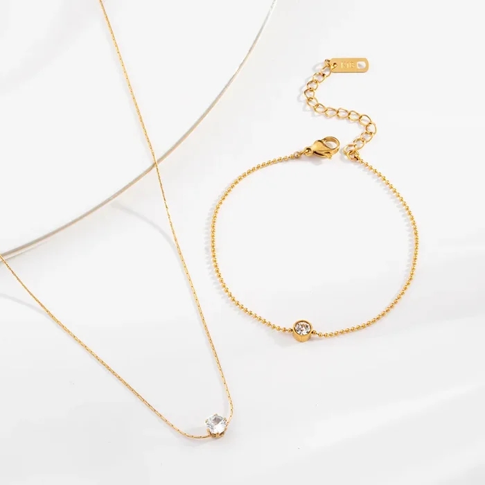 Delicate Diamond Studded Necklace & Solitary Spark Bracelet Combo Set